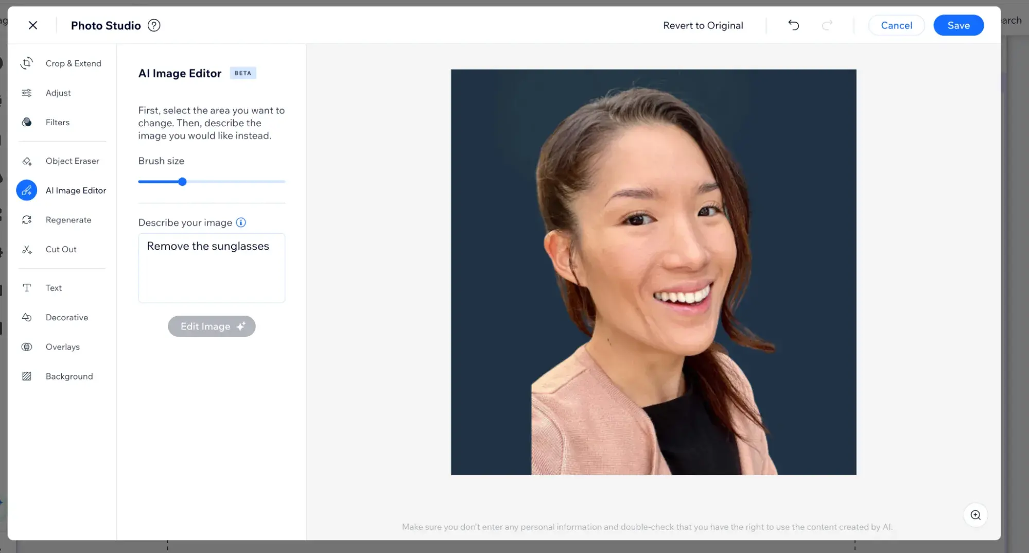 wix photo studio ai image editor with ai-edited photo of the woman without the sunglasses on her head
