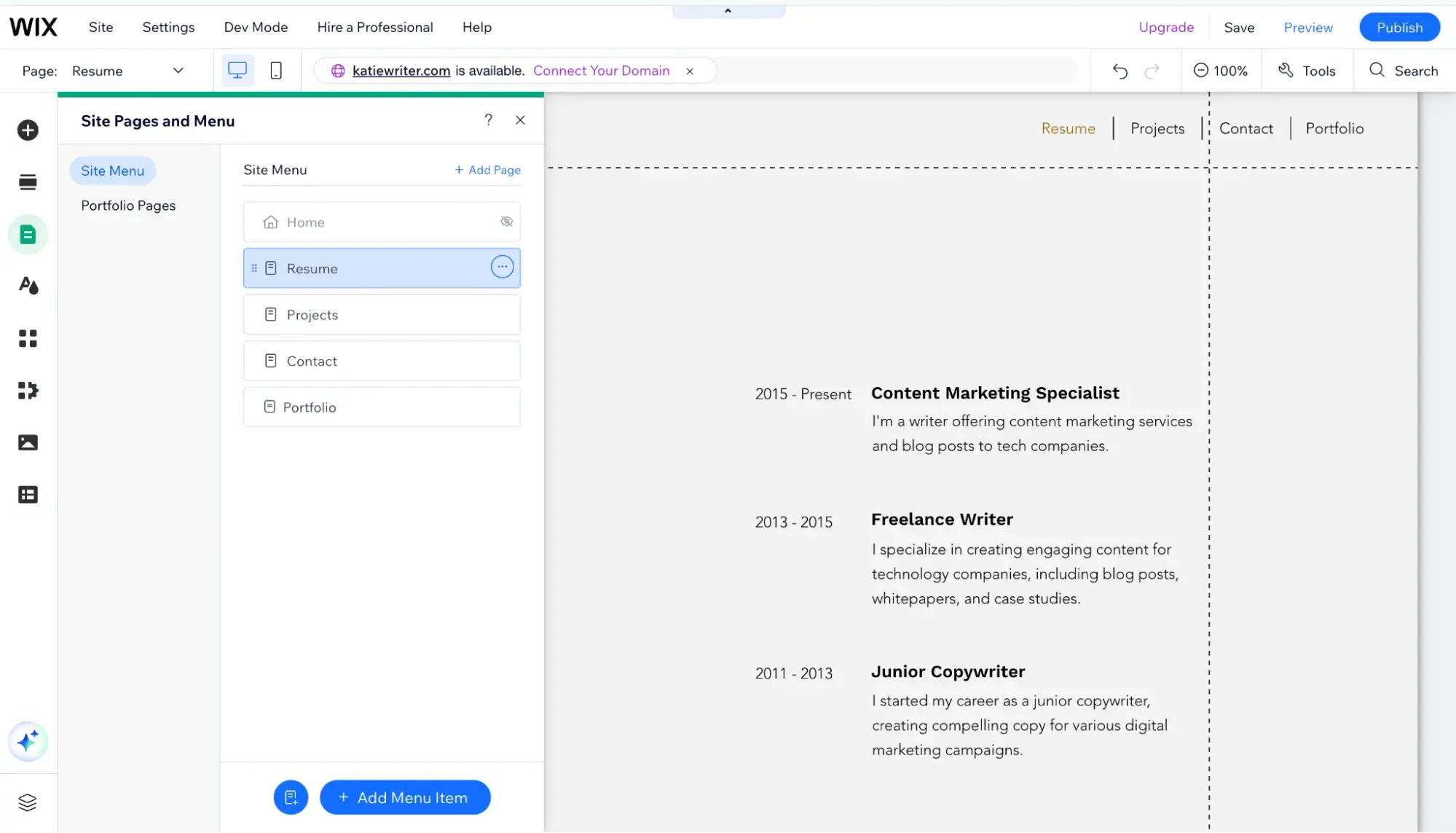 wix editor showing site pages and menu