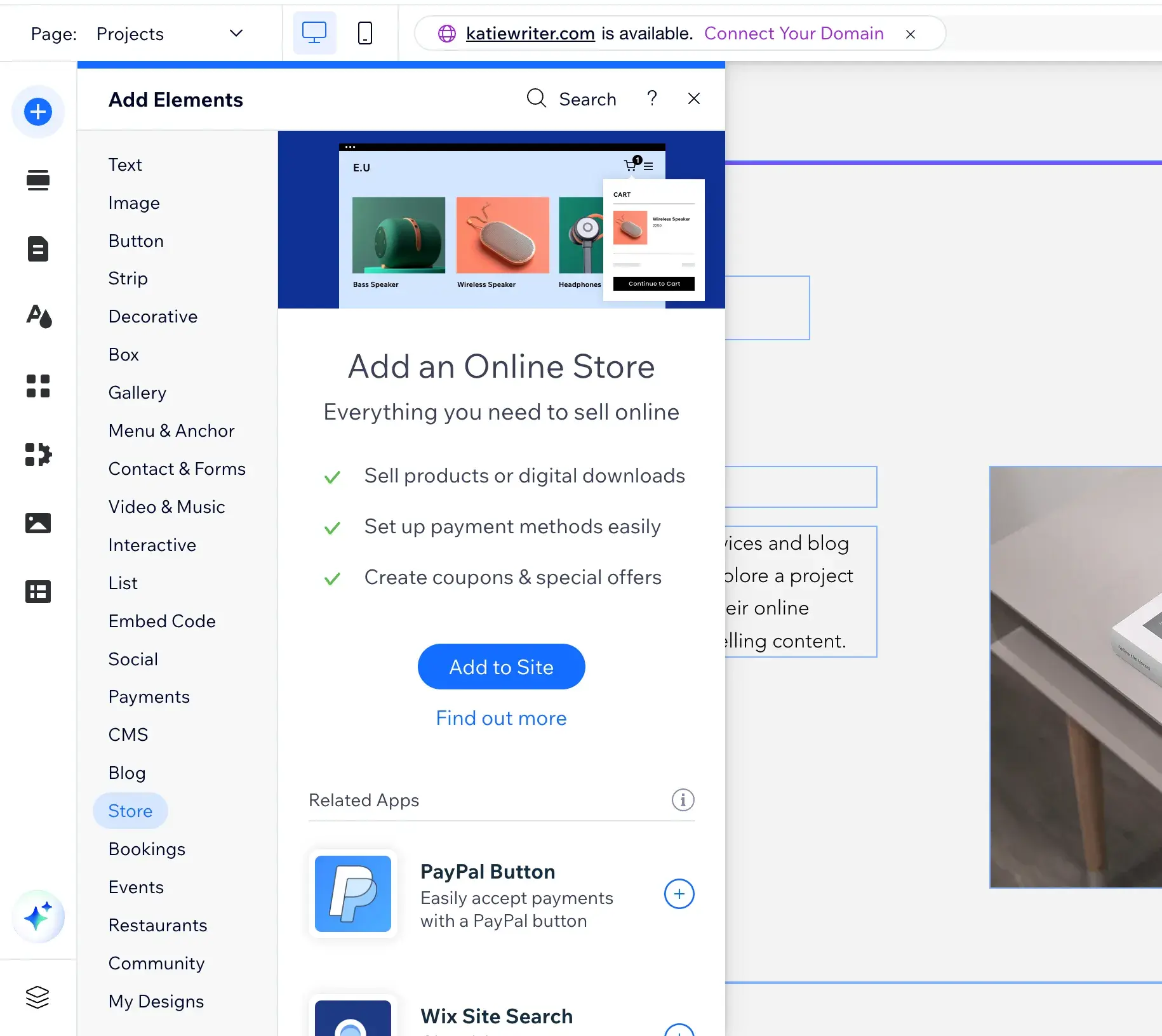 wix elements to add an online store