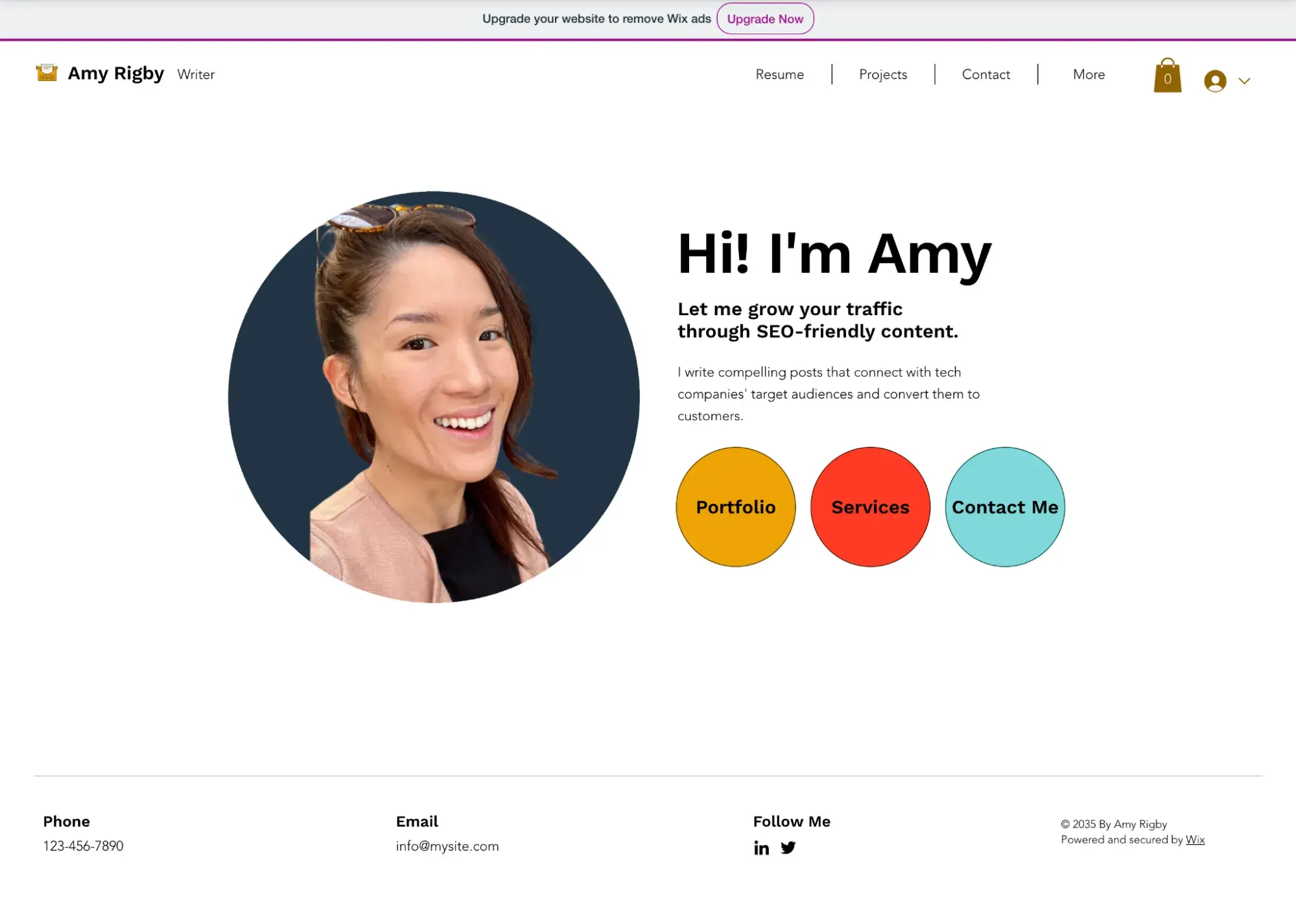 how to make a website for your small business on a budget: example of the finished small business website built on wix for a writer