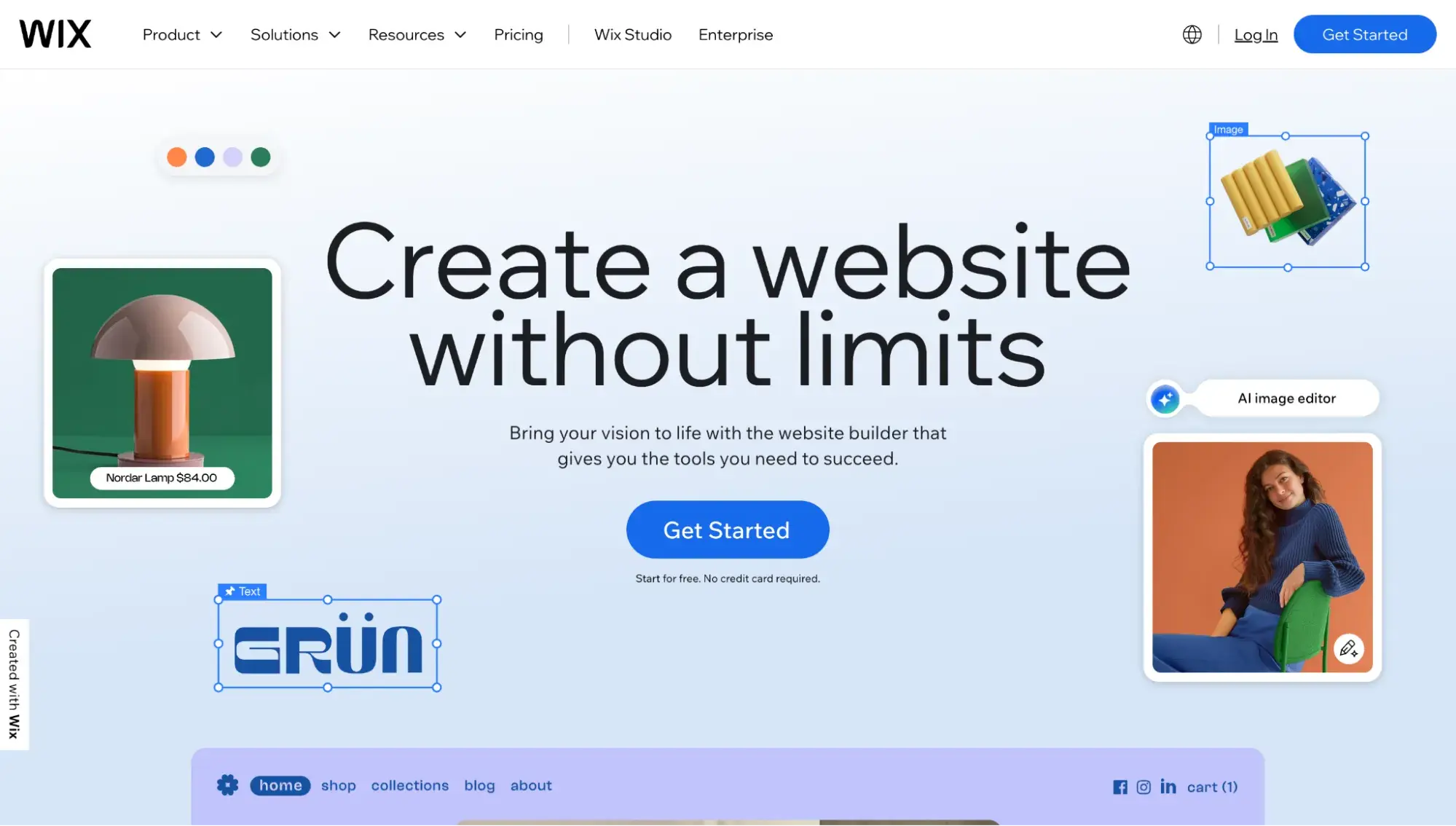 wix homepage reads, create a website without limits with a get started button