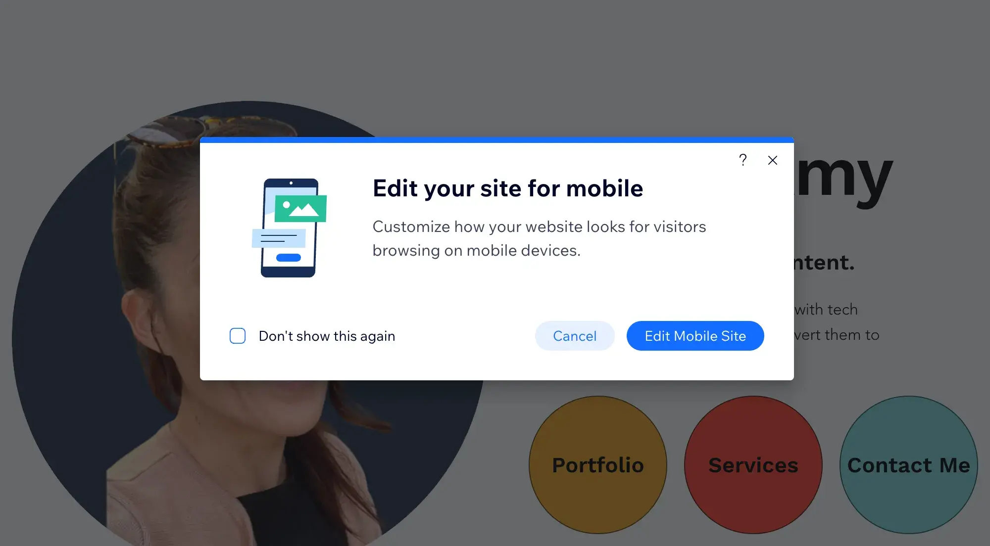 wix popup reads, edit your site for mobile