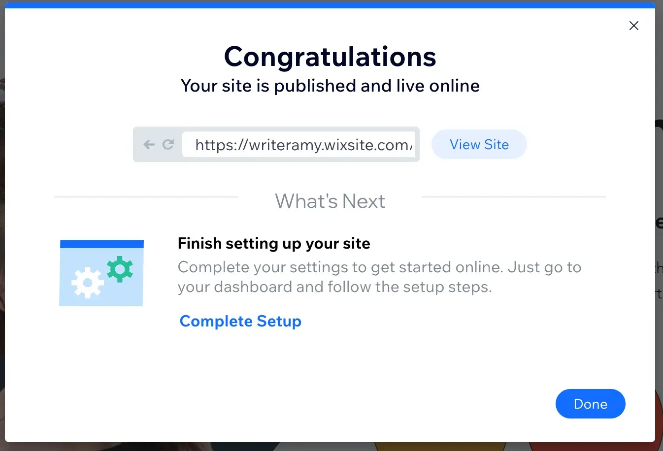 wix popup reads, congratulations. your site is published and live online