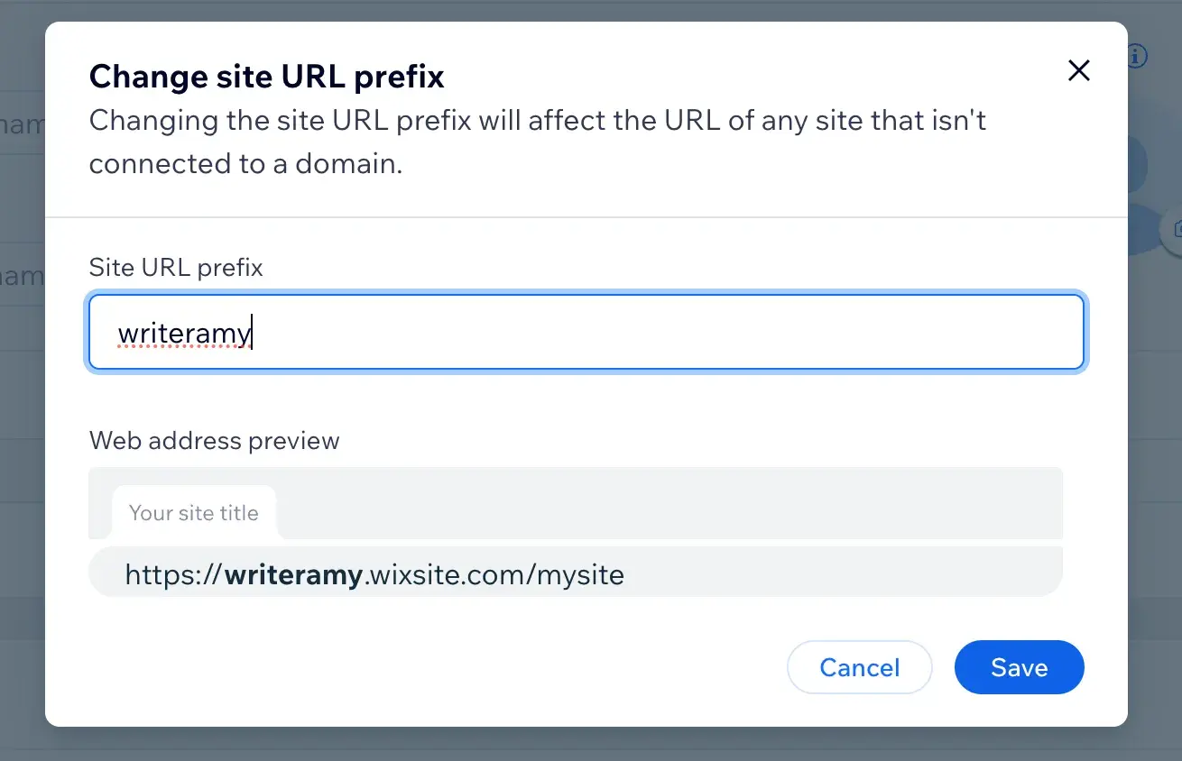 wix change site url prefix popup