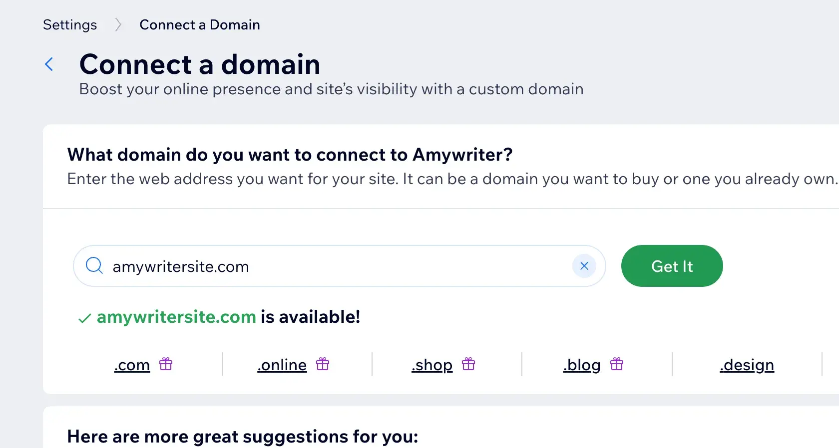 wix connect a domain section with domain search bar and green get it button