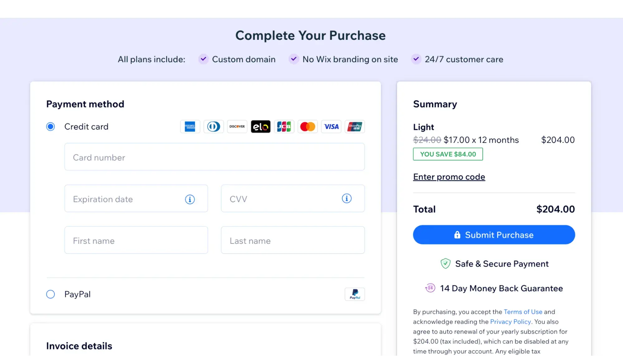 wix checkout for one year of a paid plan totaling $204