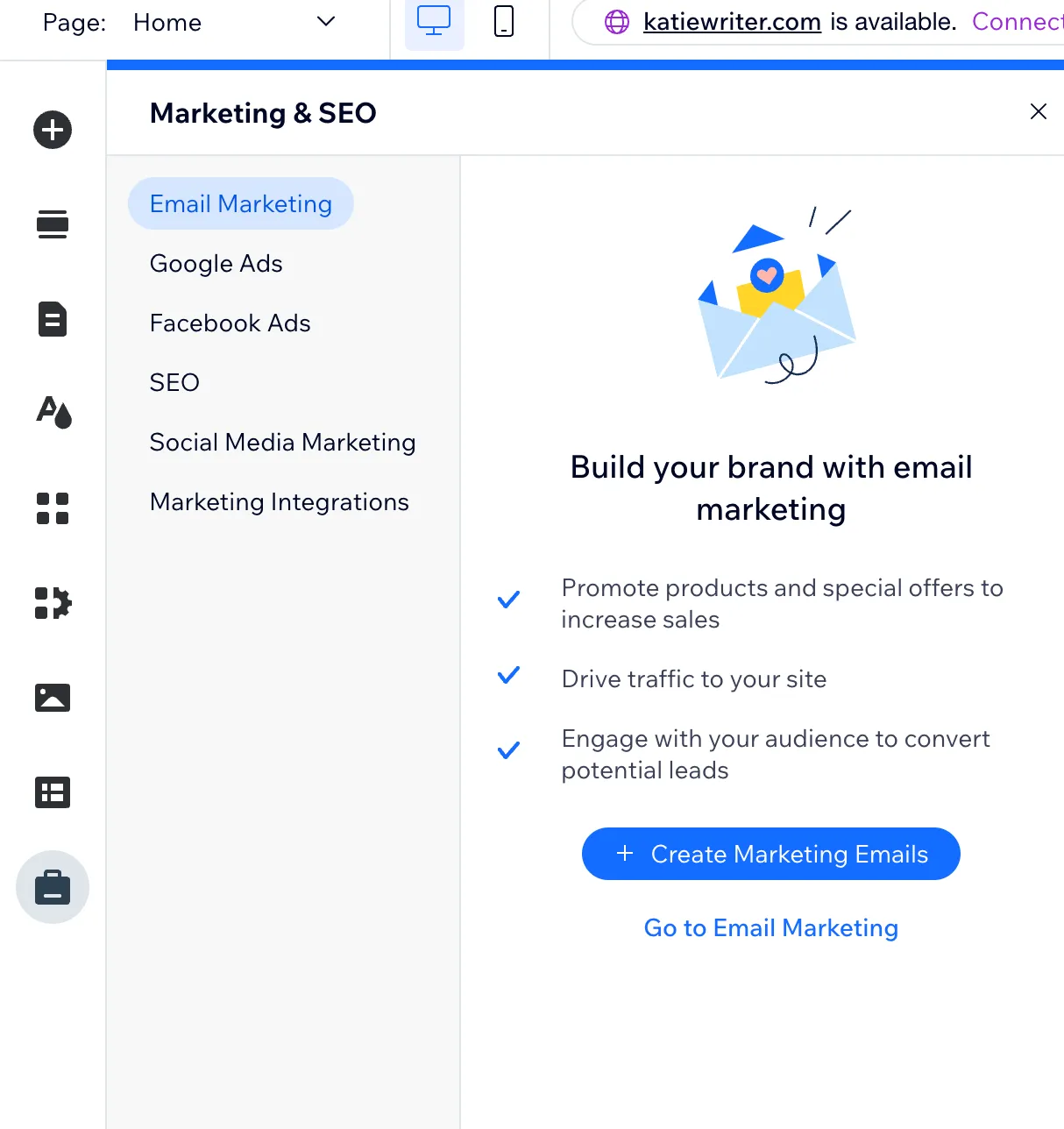 wix marketing & seo tab