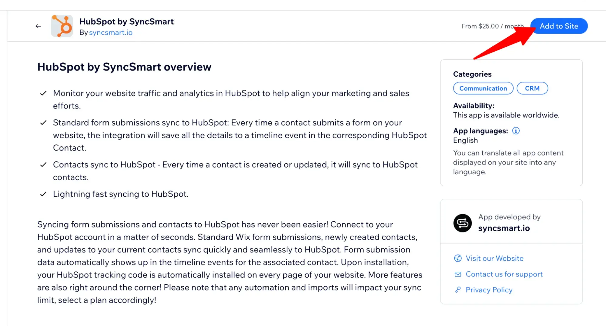 wix hubspot integration with add to site blue button