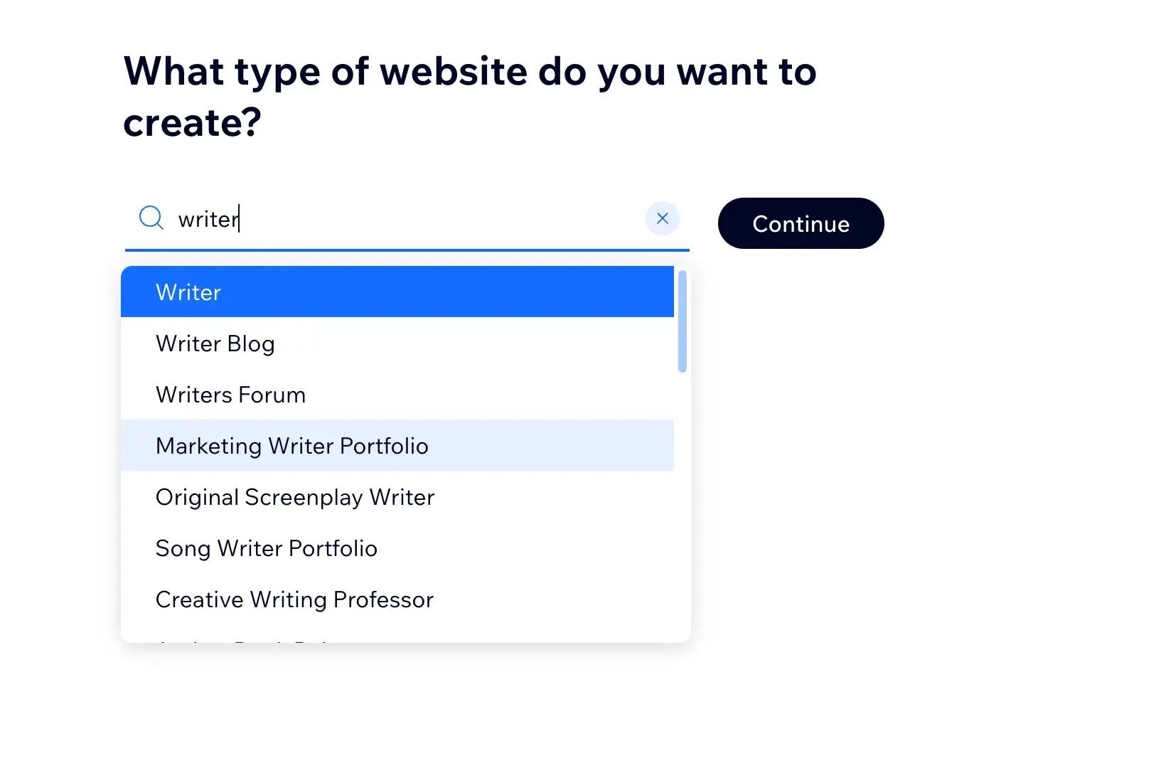 wix website says, what type of website do you want to create? writer appears in the search bar, and there is a dropdown menu with options like, writer blog, writers forum, and marketing writer portfolio.