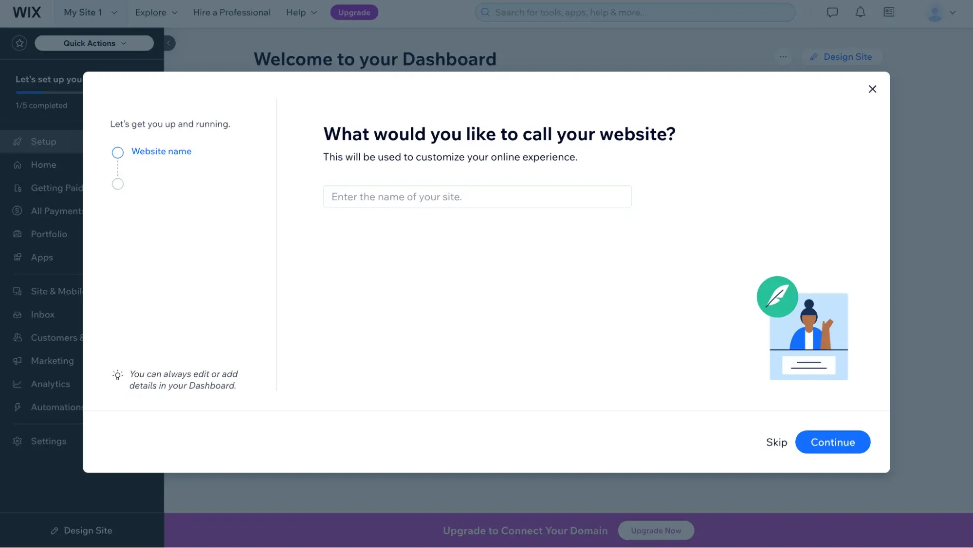 wix website asks, what would you like to call your website? with an option to type in your website name or click skip