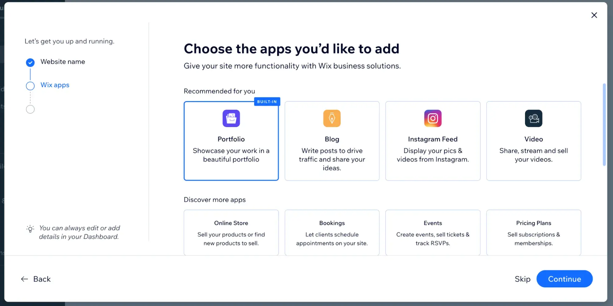 wix website says, choose the apps youd like to add