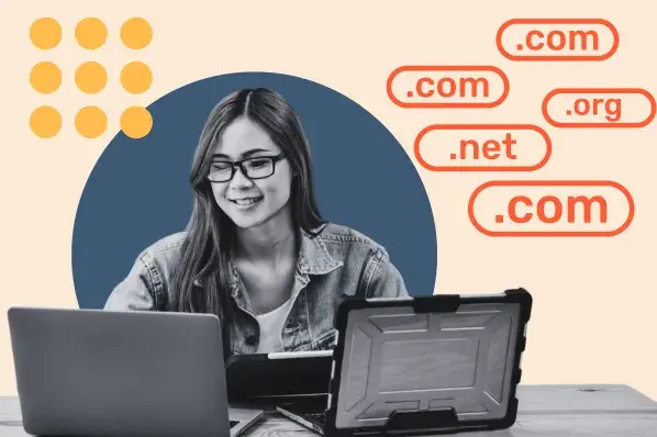 woman deciding .com vs .net domain extension
