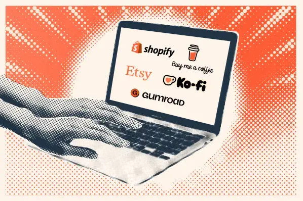 graphic of a laptop with different digital product selling platform logos (etsy, shopify, gumroad, etc.) and hands typing on the laptop