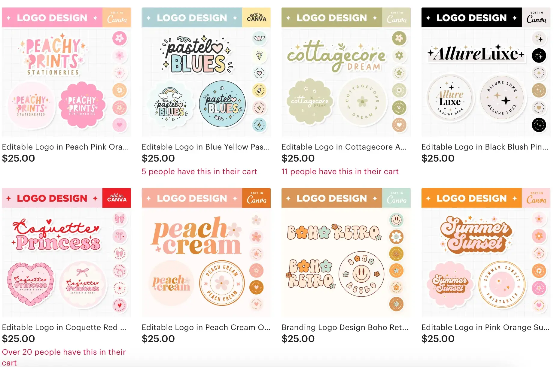  a screenshot of colored logo designs from an etsy users storefront