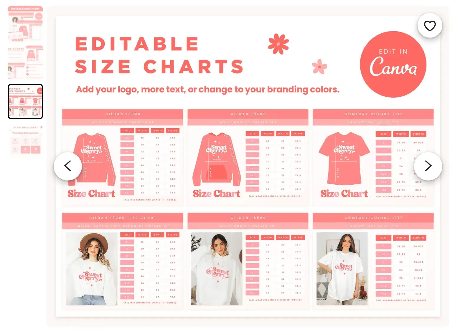 a screenshot of pink-themed editable size charts from an etsy users storefront