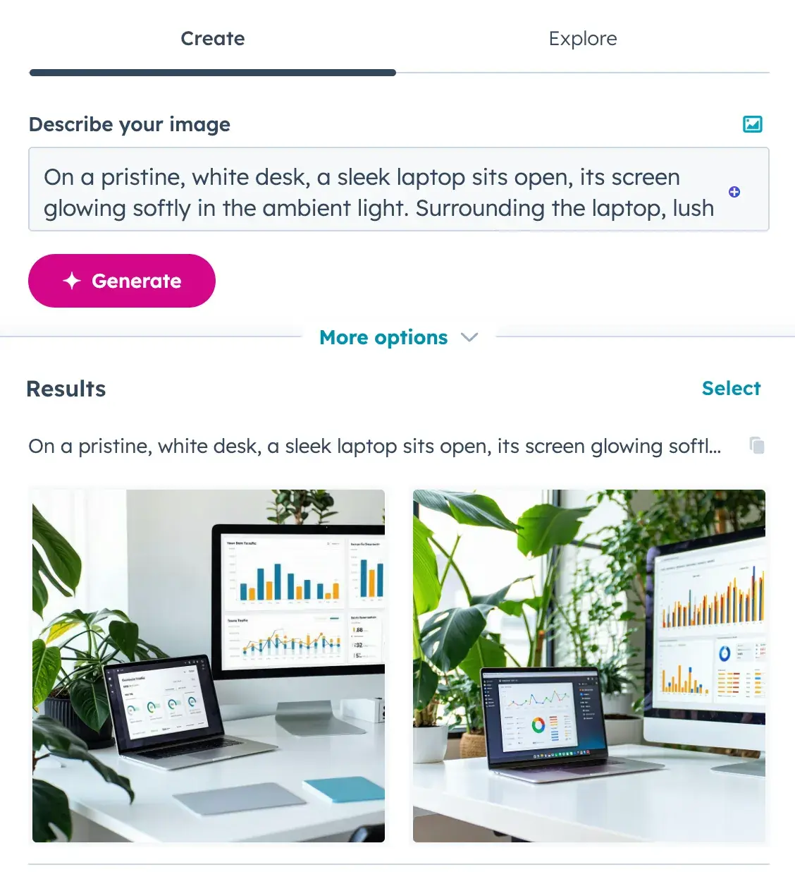 ai-generated images showing a laptop and monitor with graphs on them, with plants behind them
