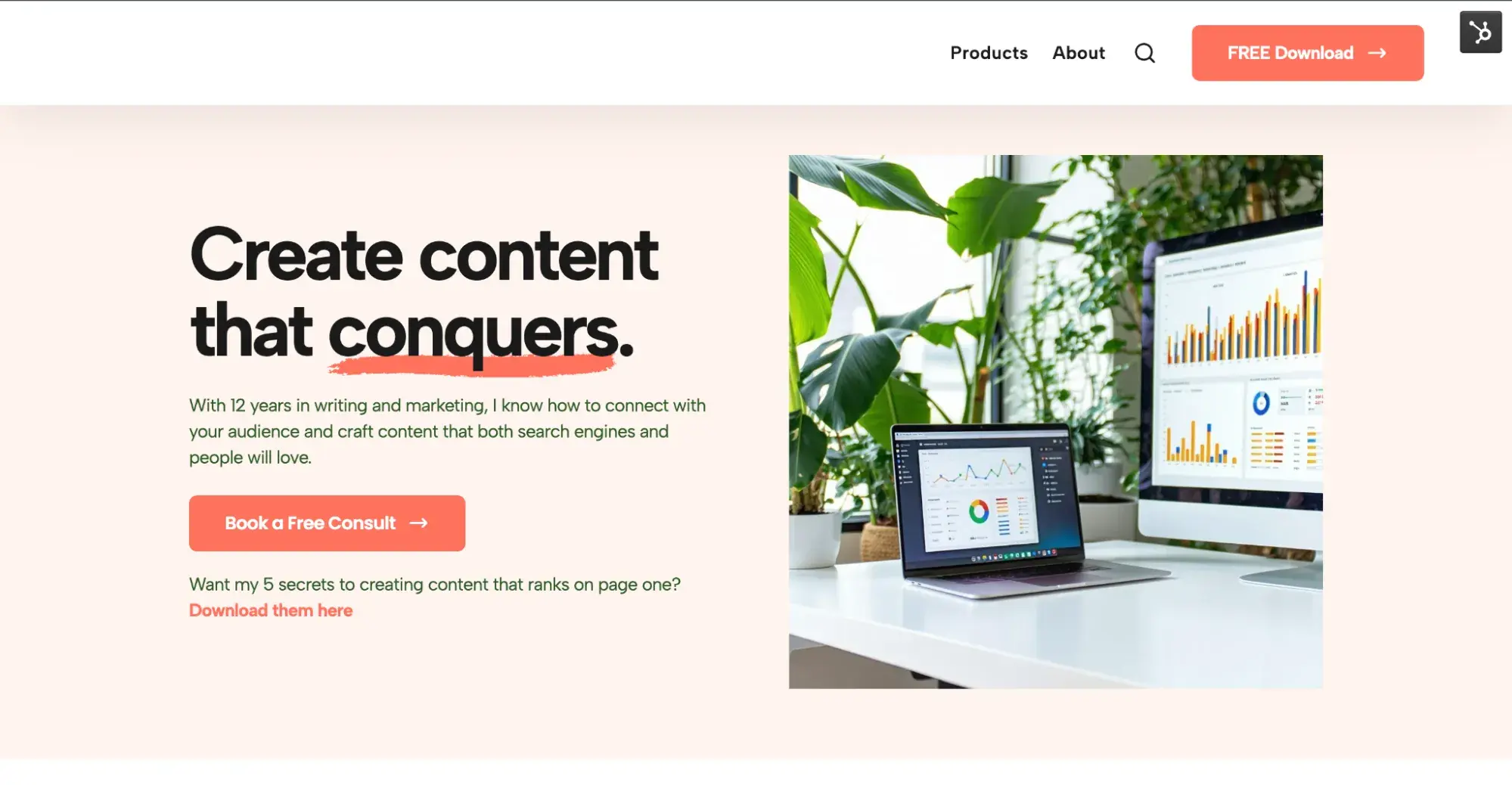 the authors content marketing site with a headline that reads create content that conquers alongside the ai-generated image of a laptop and monitor with graphs on them