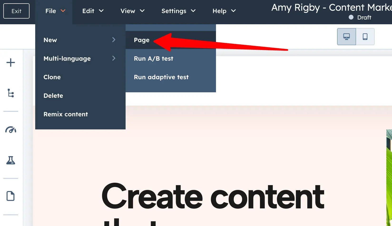 red arrow pointing to “page” in the hubspot website editor