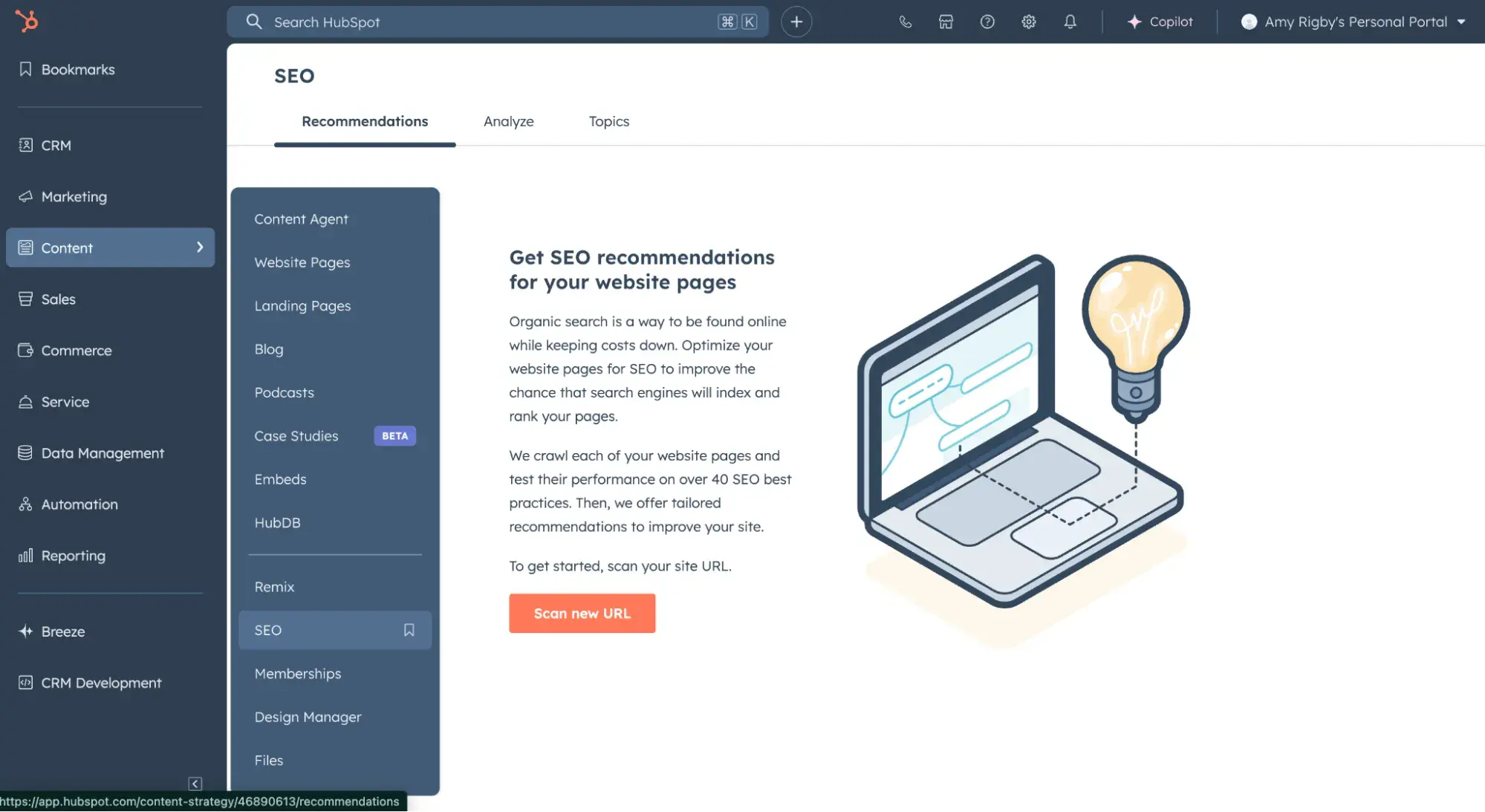 the hubspot seo recommendations section