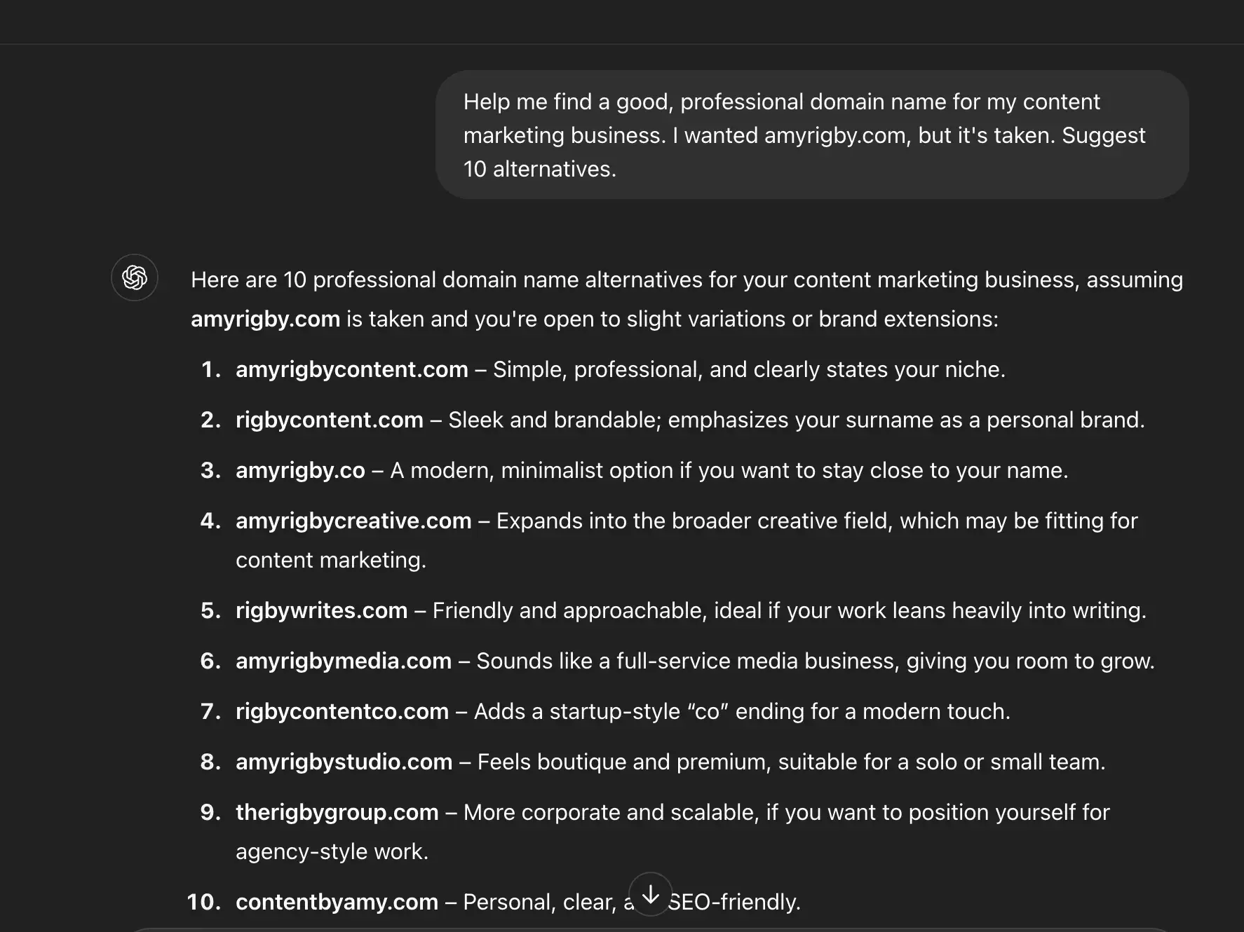 a chatgpt chat with a prompt that partially reads, help me find a good, professional domain name for my content marketing business.