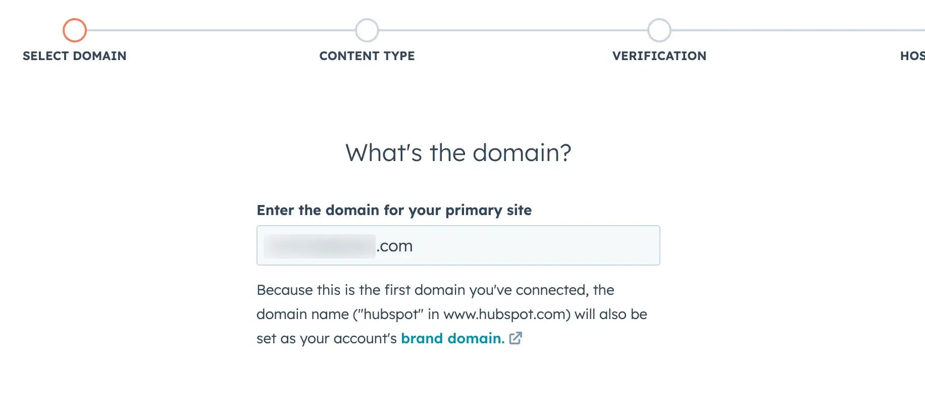 hubspot domain connection setup prompting the user to enter the domain for the primary site