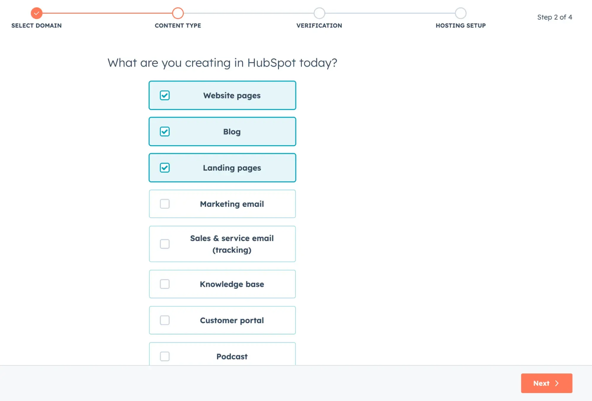 a screen asks, “what are you creating in hubspot today?” with “website pages,” “blog,” and “landing pages” selected
