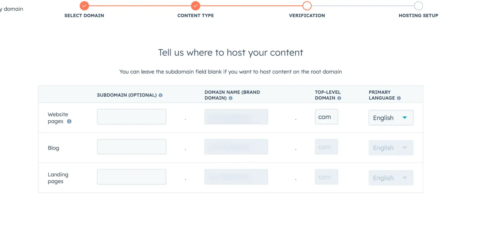 a screen says, “tell us where to host your content. you can leave the subdomain field blank if you want to host content on the root domain.”