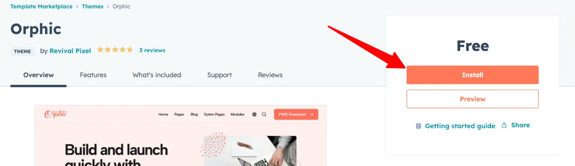 red arrow pointing to the orange install button on the orphic theme