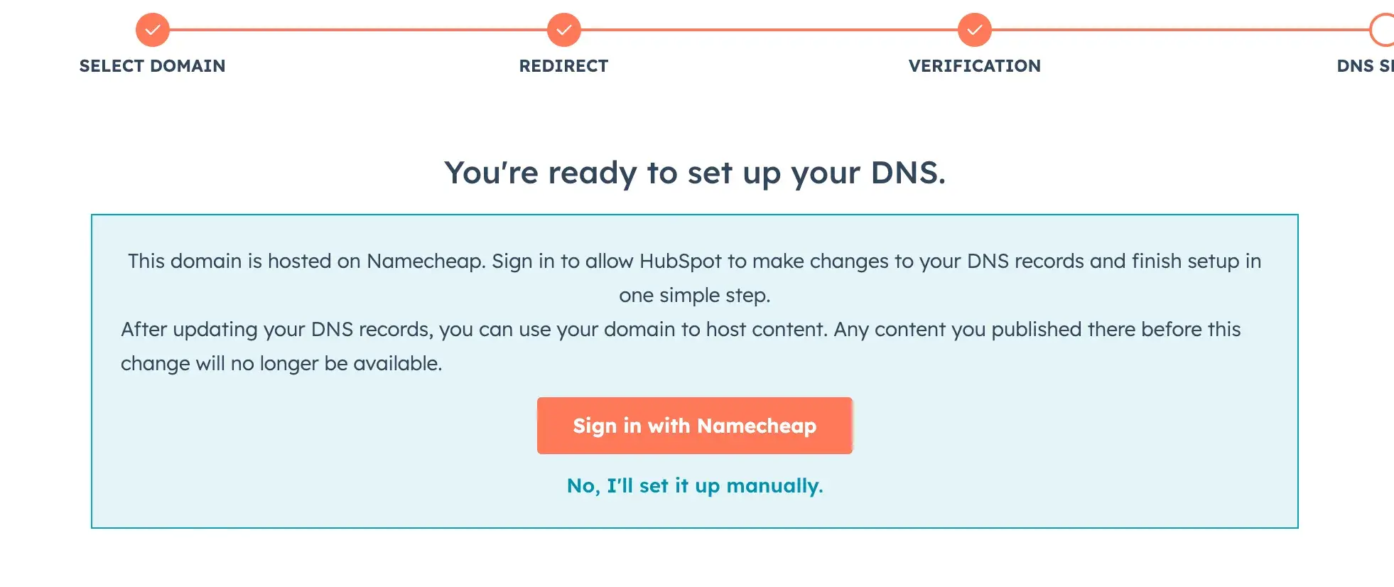 a screen reads, “you’re ready to set up your dns” and has an orange button that reads, “sign in with namecheap.”