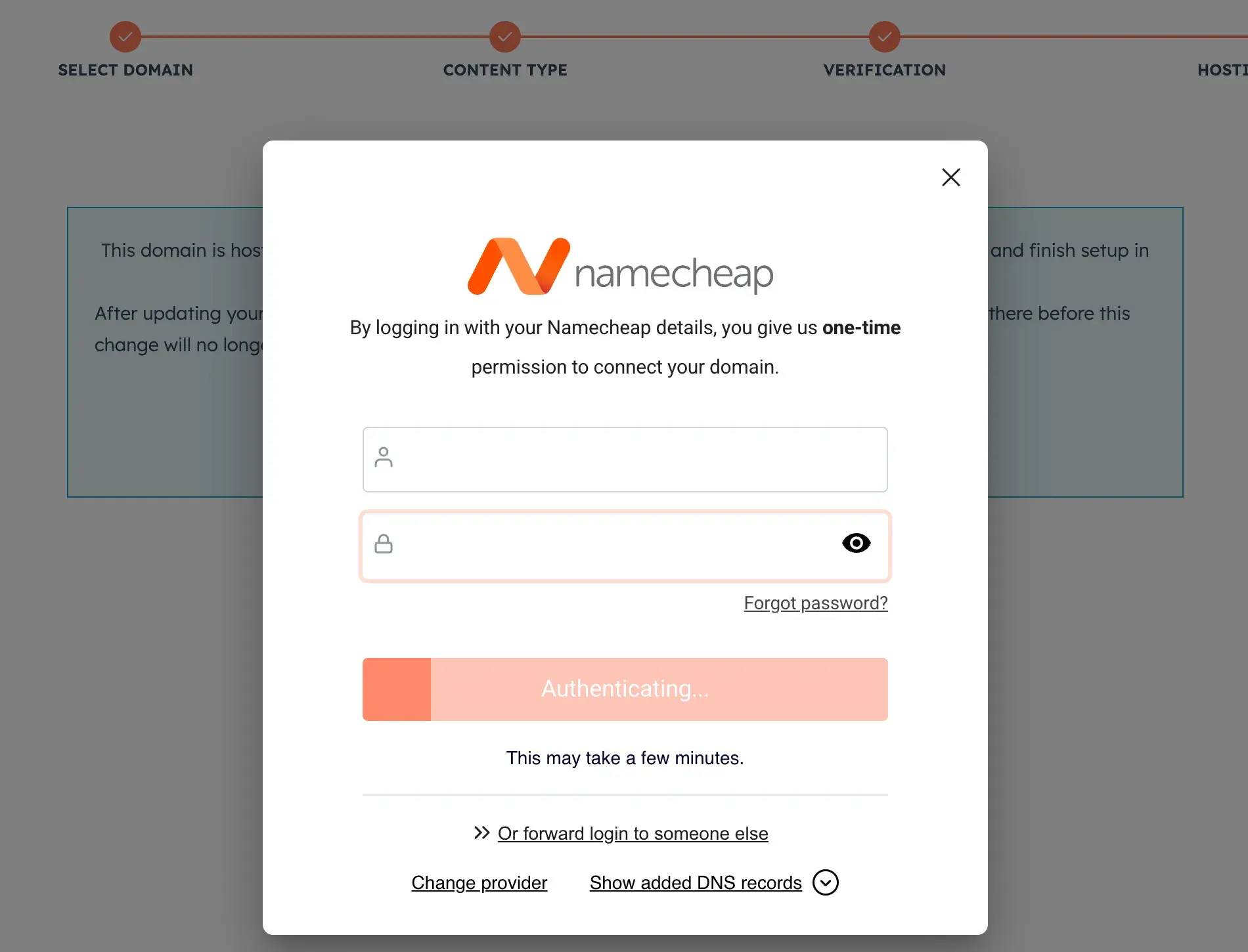 a hubspot popup prompting user to log into namecheap