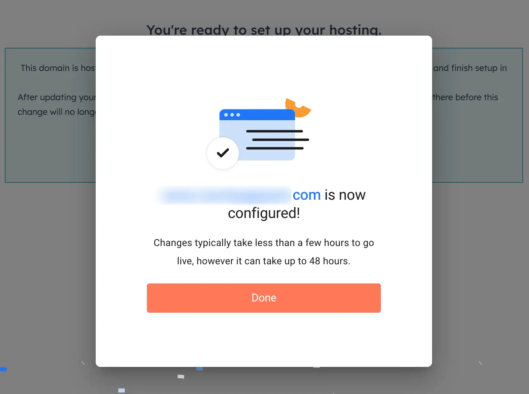 a hubspot popup showing that the domain name is now configured