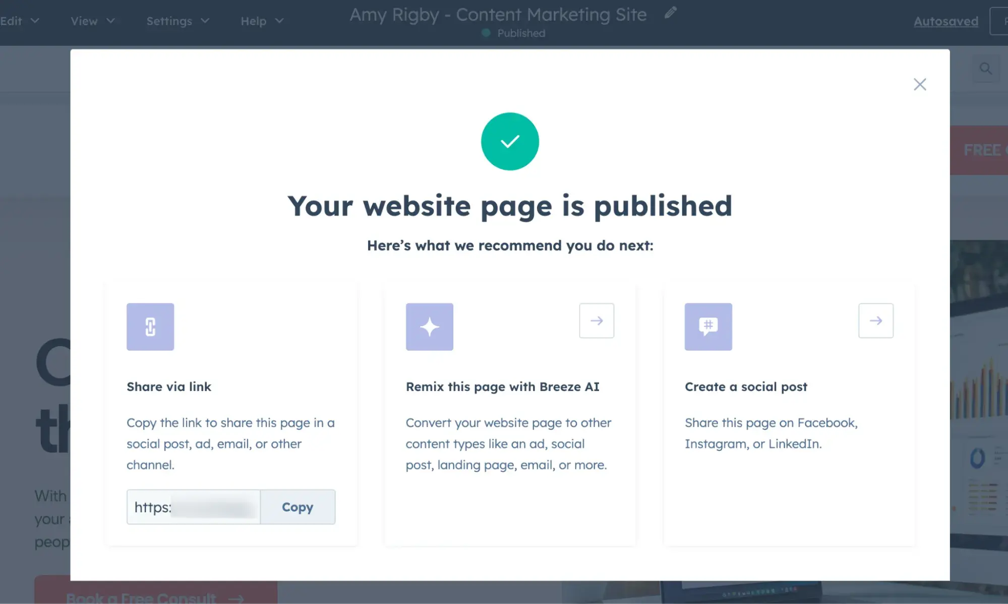 hubspot popup that reads, your website page is published.