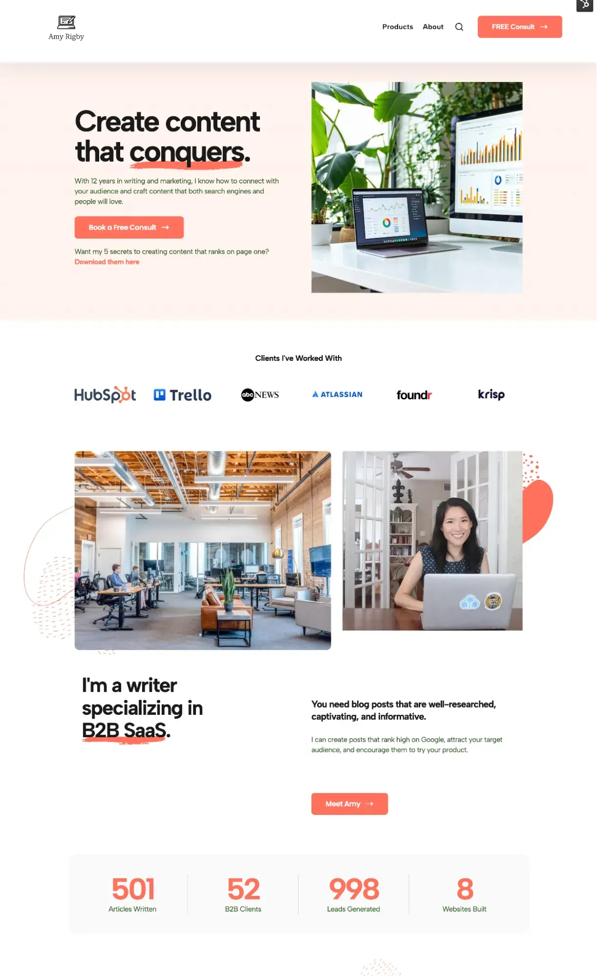 an example of how to set up a website for a business: content marketing website with a headline that reads, create content that conquers and features images, white background, and bright accent colors