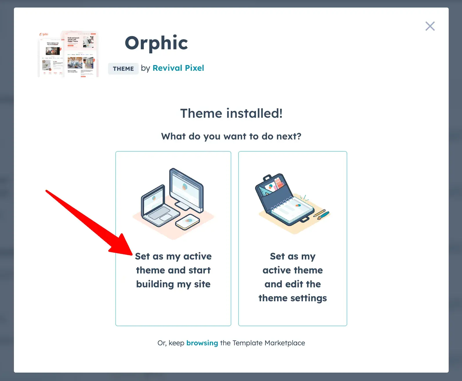 red arrow pointing to “set as my active theme and start building my site”