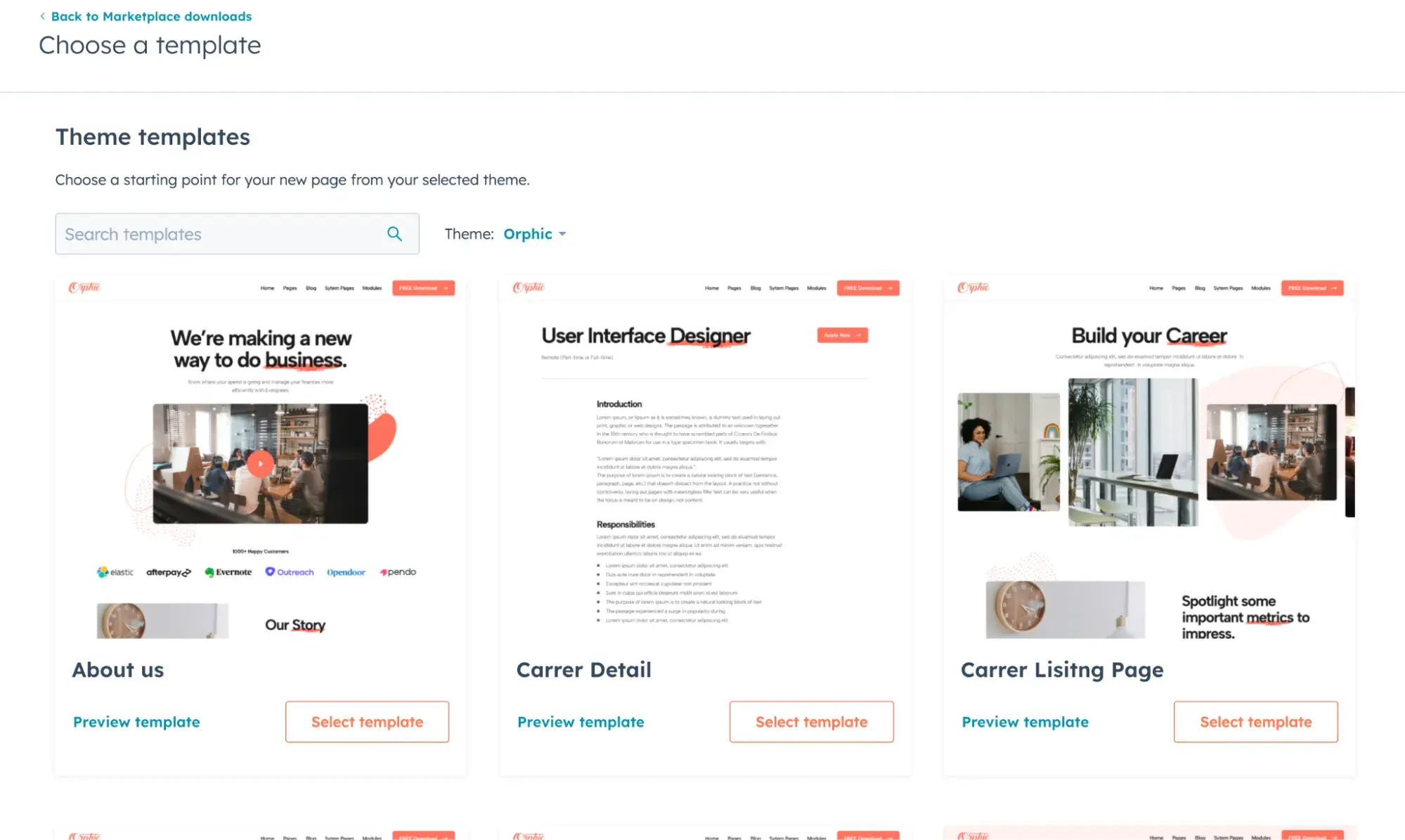 webpage showing theme templates for the orphic theme