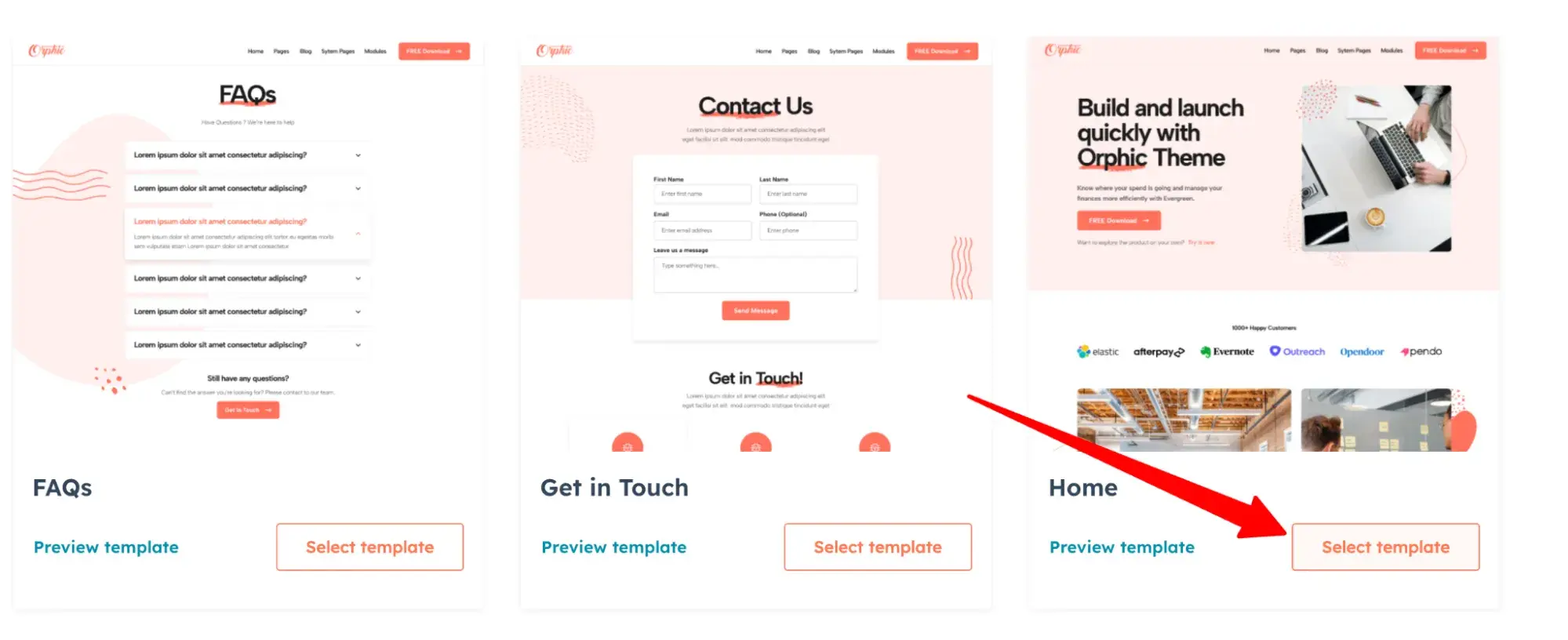 red arrow pointing to button saying select template on the home template