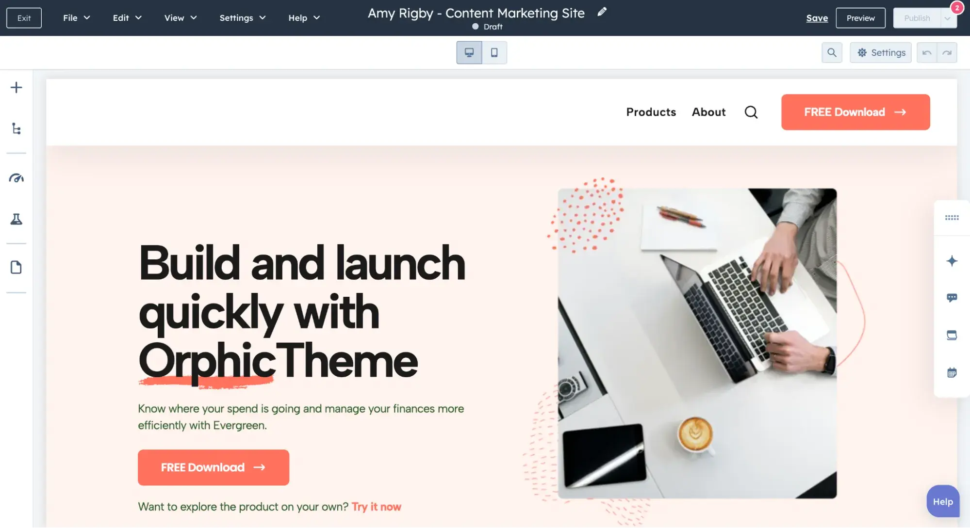 inside the hubspot website editor showing you how to set up a website for my business