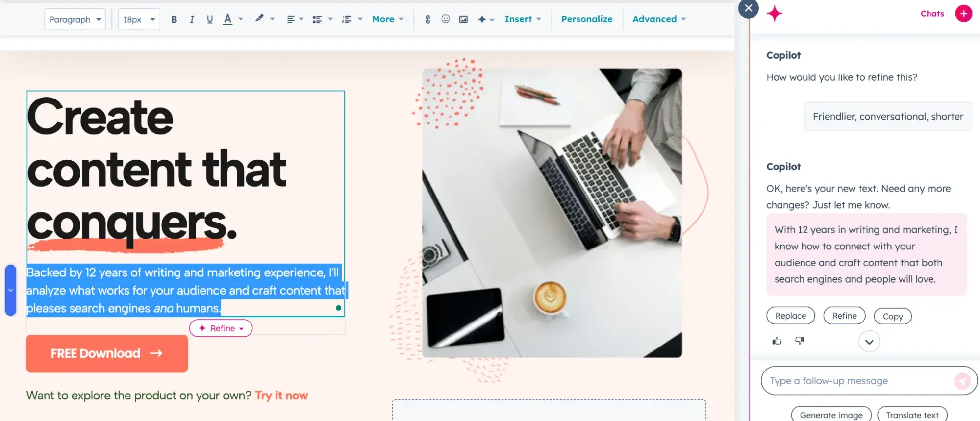hubspot website editor showing highlighted web copy that reads, backed by 12 years of writing and marketing experience, ill analyze what works for your audience and craft content that pleases search engines and humans. copilot has refined this to read, with 12 years in writing and marketing, i know how to connect with your audience and craft content that both search engines and people love.