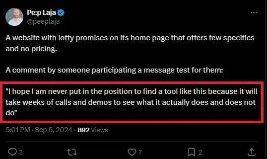 post on x (formerly twitter) that partially reads, a website with lofty promises on its home page that offers few specifics and no pricing.