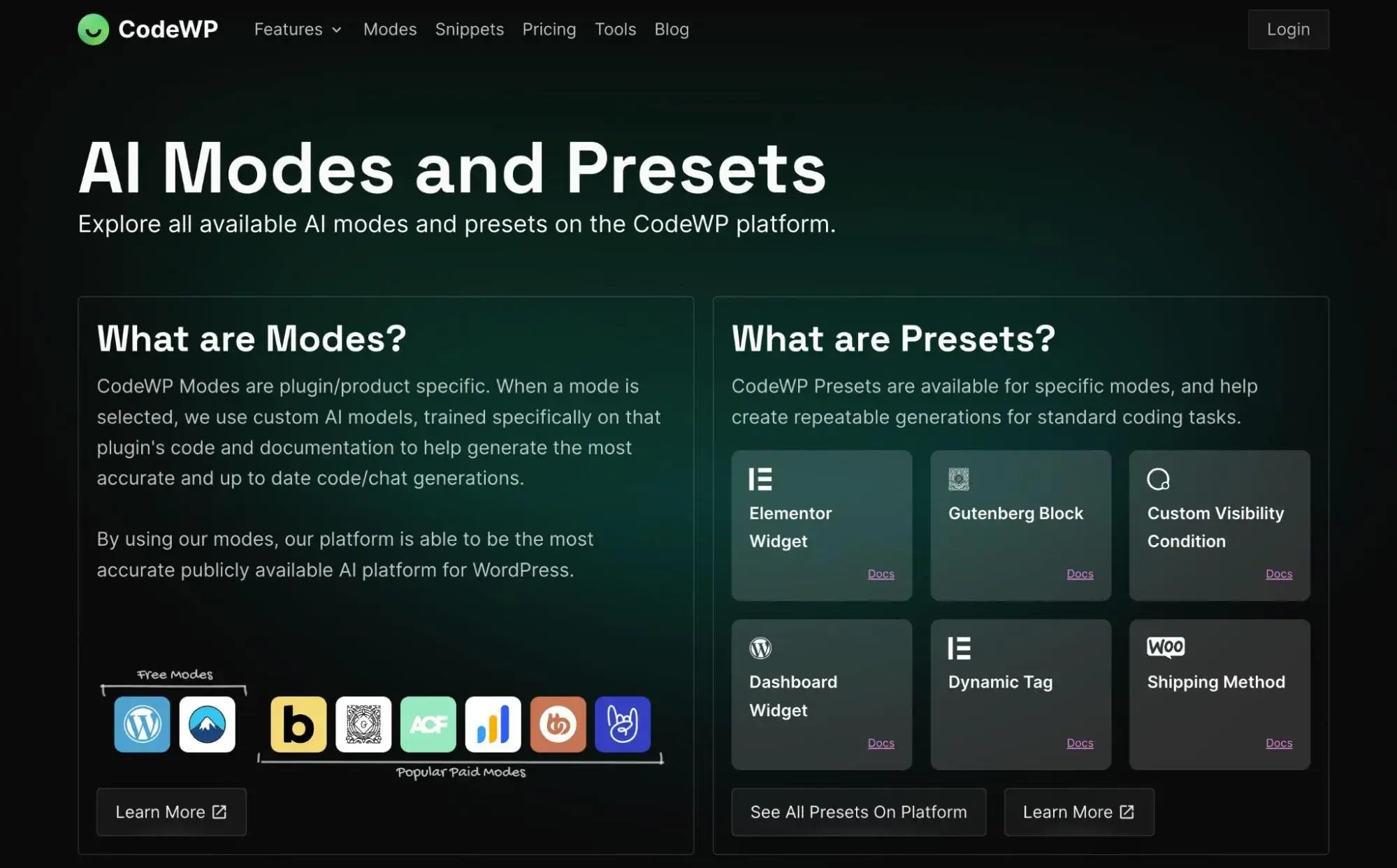 CodeWPs Modes let you access AI thats been trained on specific WordPress plugins