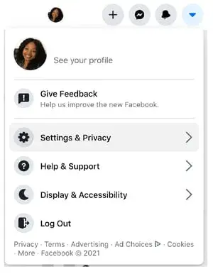 Screenshot showing where to find your settings & privacy options on Facebook