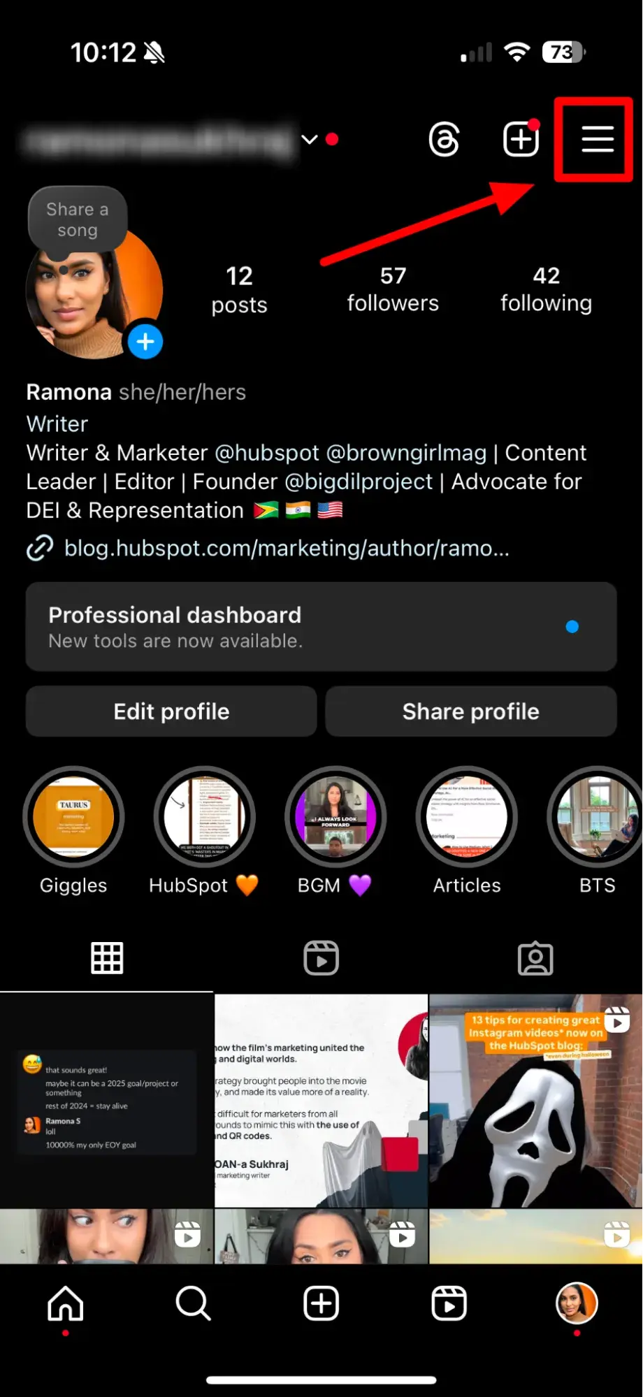 screenshot showing how to access settings on the ios instagram app.