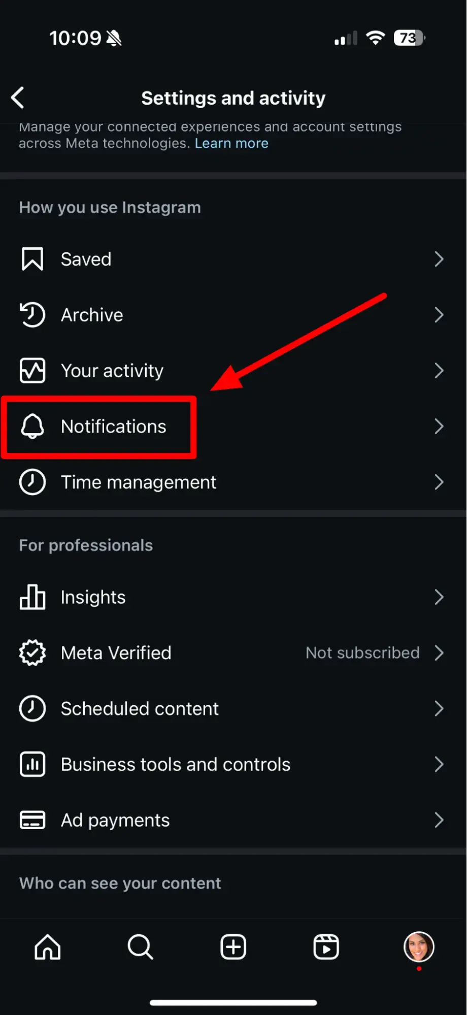 screenshot showing how to access notifications on the ios instagram app.