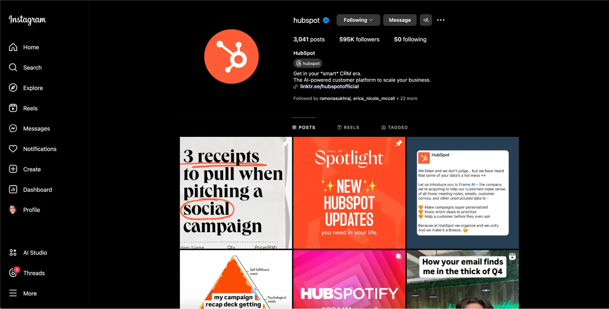 screenshot showing hubspots instagram account on a web browser on desktop