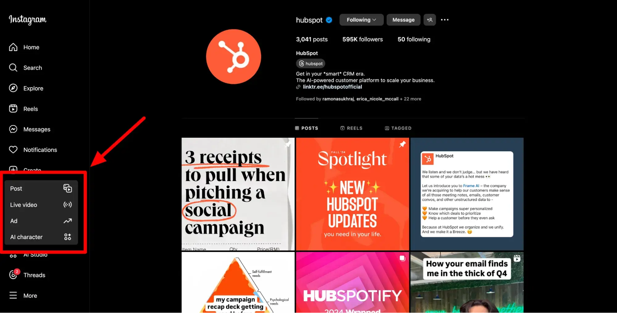 screenshot showing hubspots instagram account on a web browser on desktop and highlighting the create options.