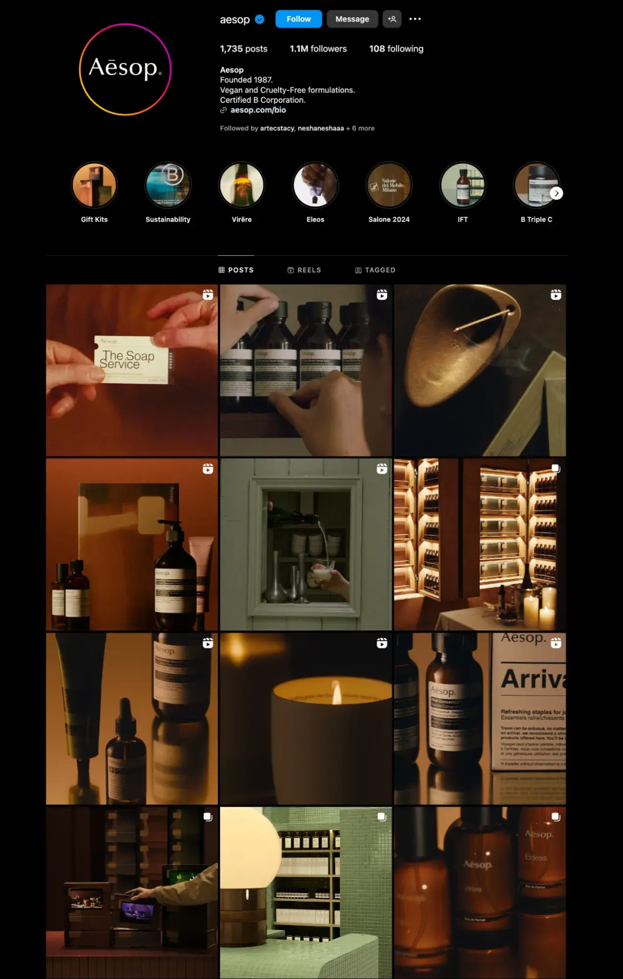 screenshot showing how aesop skincares instagram account.