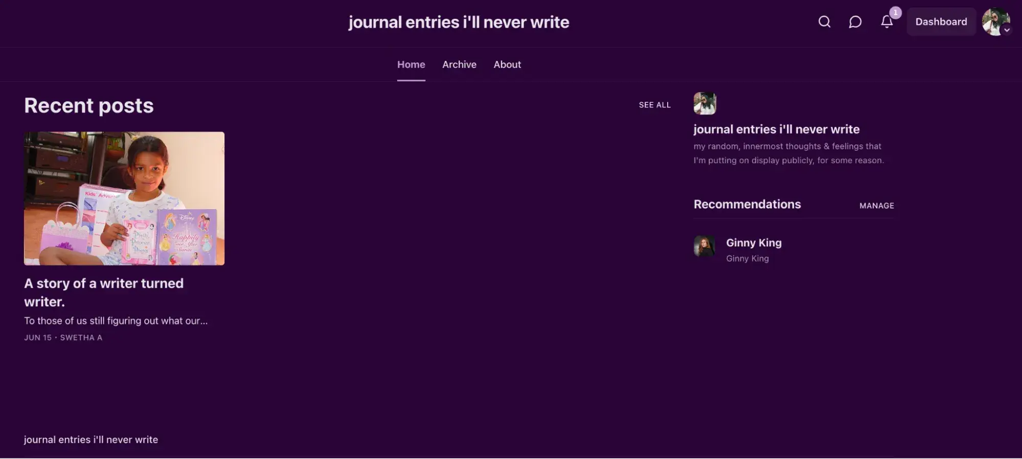 Profile for my Substack publication journal entries ill never write, with Recommendations on the right-hand side.