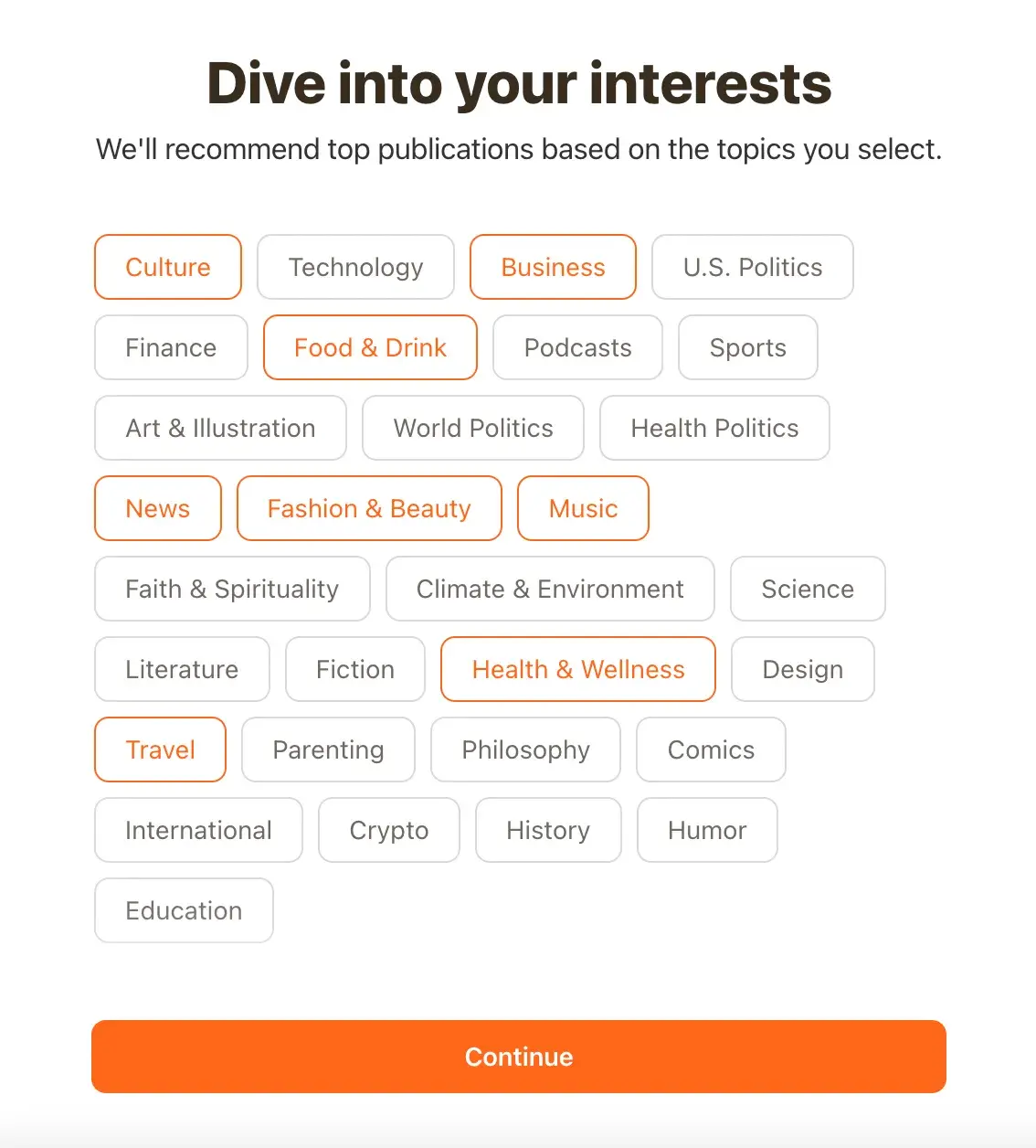 Dive into your interests screen, with my favorite topics selected, during set-up.