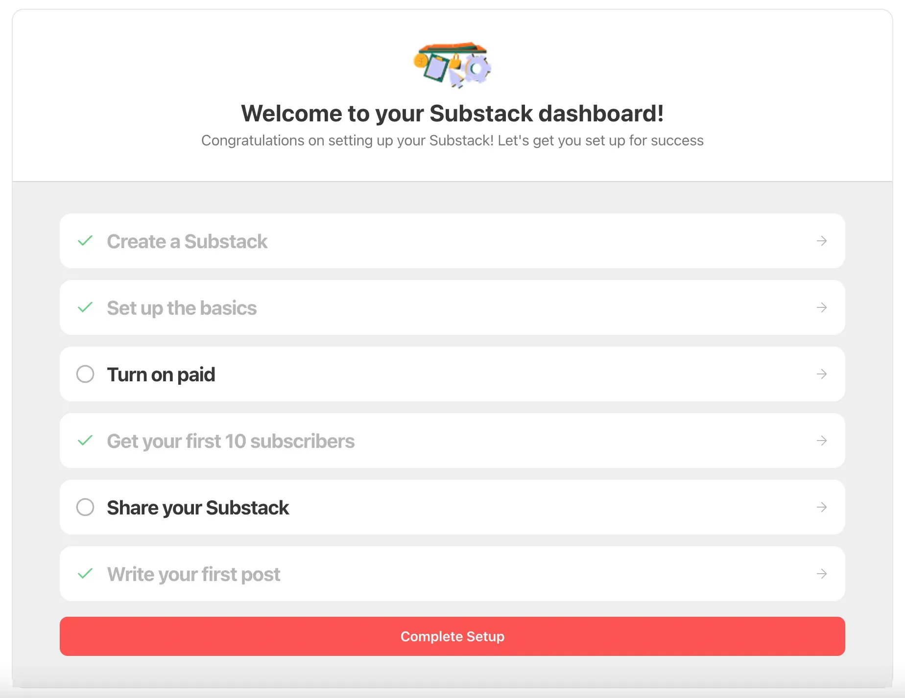 The Substack writers dashboard setup tasks.