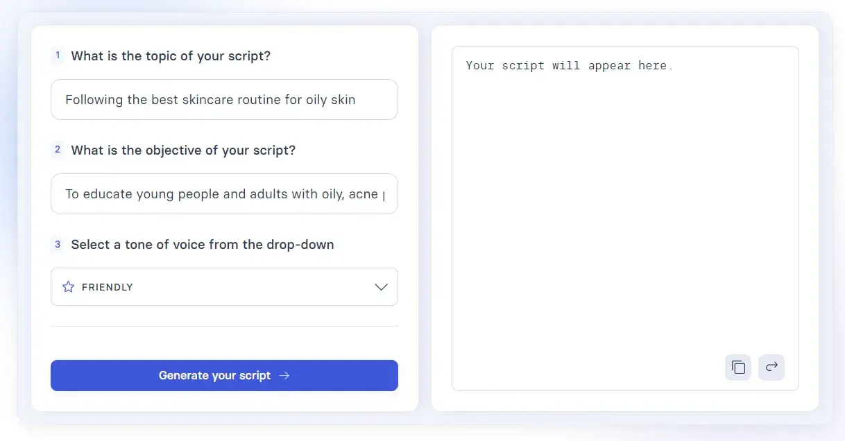 how to get ai to write a video script: Inputting the video scripts goal into Synthesia